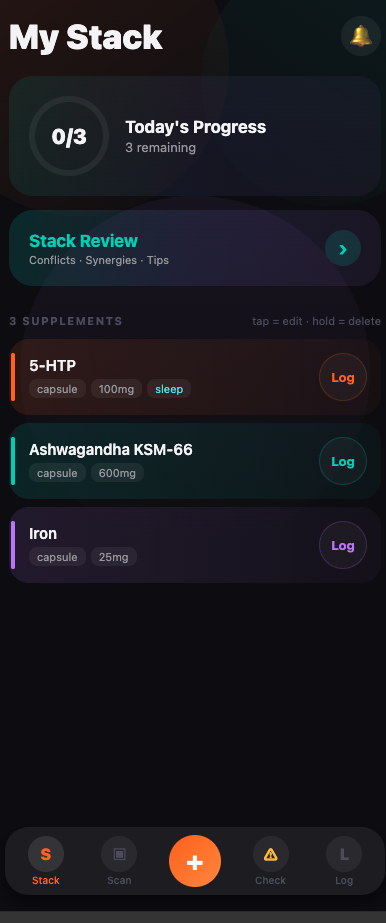 Suvo My Stack screen showing Today's Progress, Stack Review, and three supplements: 5-HTP, Ashwagandha KSM-66, and Iron.